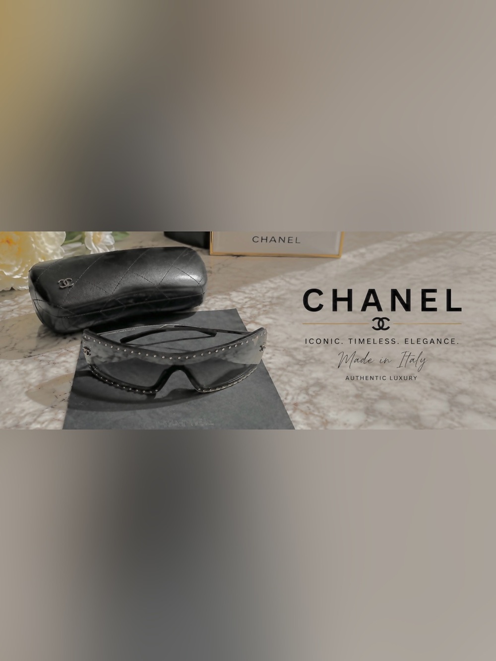 Chanel Black Rhinestone Statement Sunglasses with Case and CHANEL Cloth